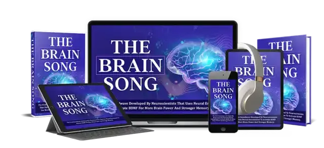 The Brain Song audio program shown on a tablet, books, smartphone, and headphones
